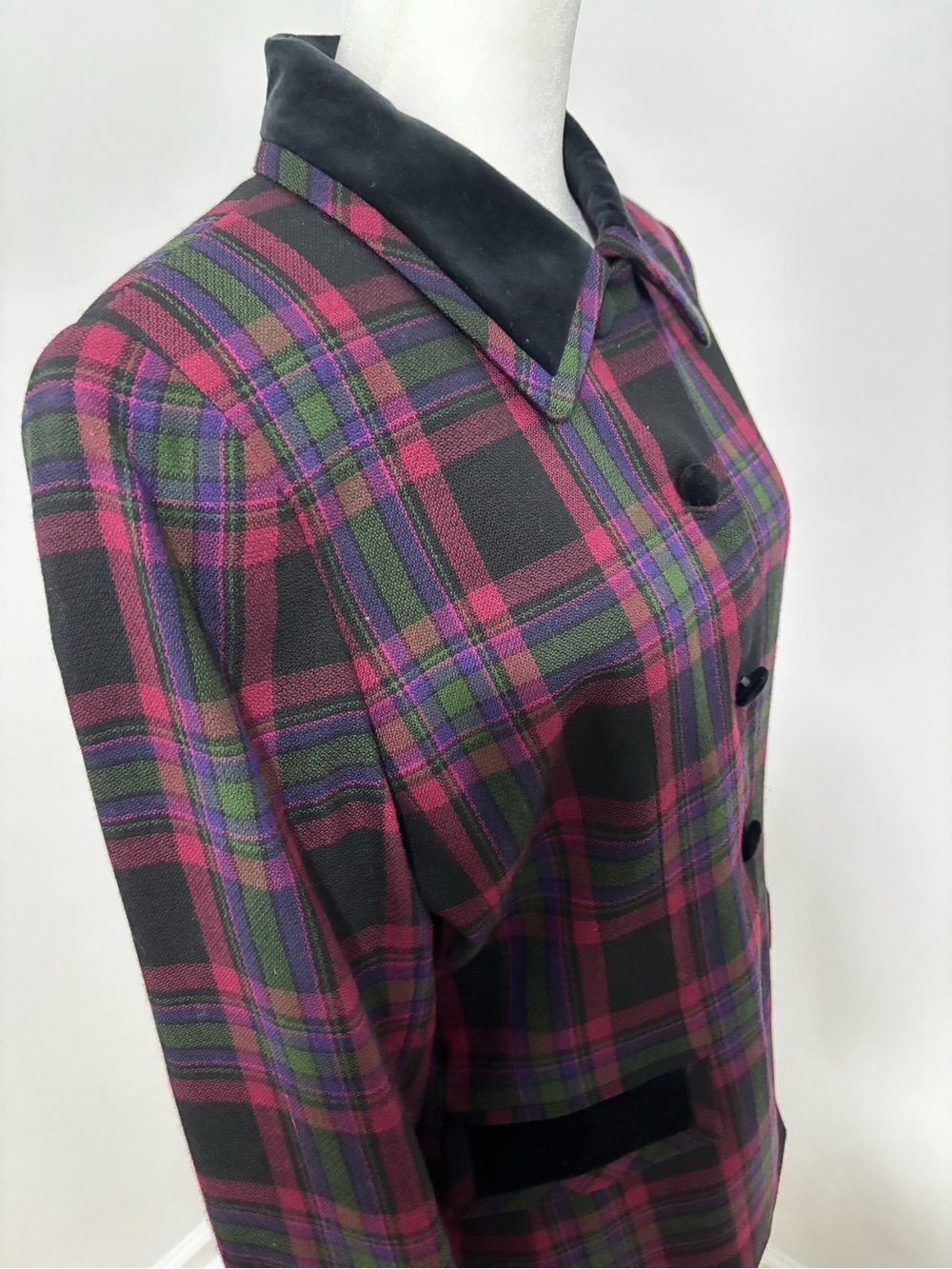 Vintage Wool Petite Sophisticate 12P Blend Plaid Velvet Trim Blazer Jacket - Picture 6 of 12